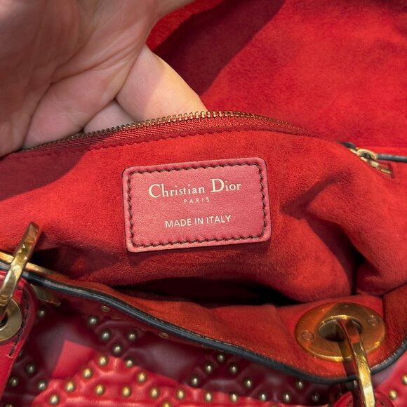 Christian Dior Red Leather Gold Studded Medium Lady Dior Bag - Picture 14 of 16